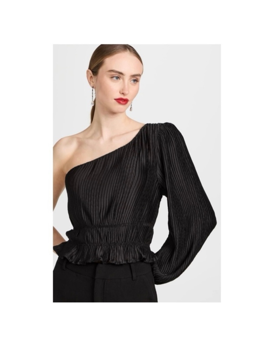 Astr Zona One-Shoulder Black Pleated Blouse with Bishop Sleeve